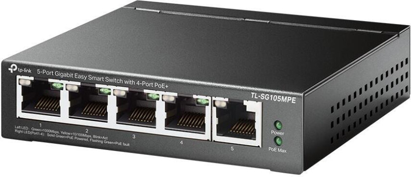 5Port Gigabit Easy Smart Switch with 4Port PoE+ 4x Gigabit PoE+ Ports 1x Gigabit Non-PoE Ports 802.3af/at 120W PoE Power