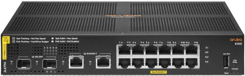 HPE Aruba 6100 12G Class4 PoE 2G/2SFP+ 139W Switch - switch - 16 porter - Styrt - rackmonterbar