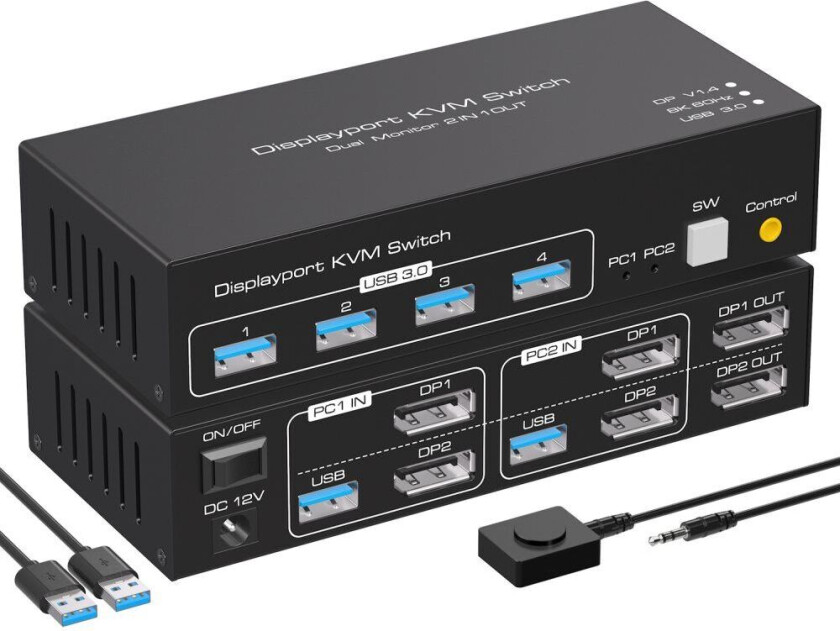 Nördic Dual Monitor KVM 2x2 DP Switch DisplayPort1.4, 8K60Hz 4K120Hz, 4xUSB-A 3.1 5Gbps