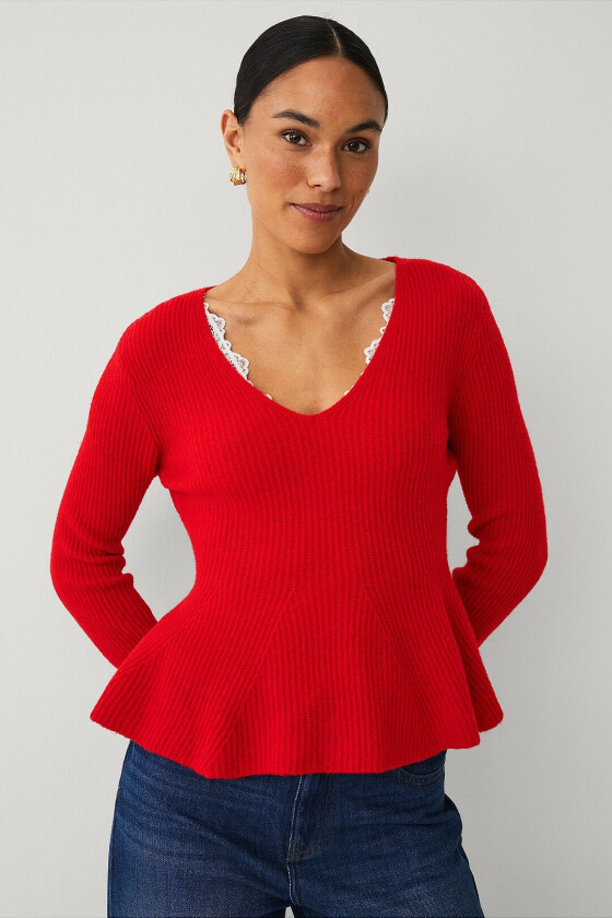 Strikket pullover med peplum - Rød