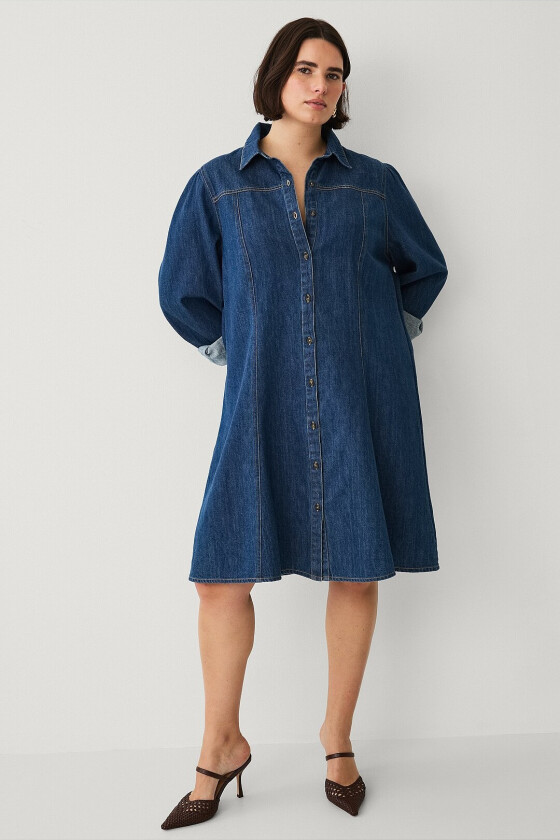 Denimkjole med puffermer - Blå