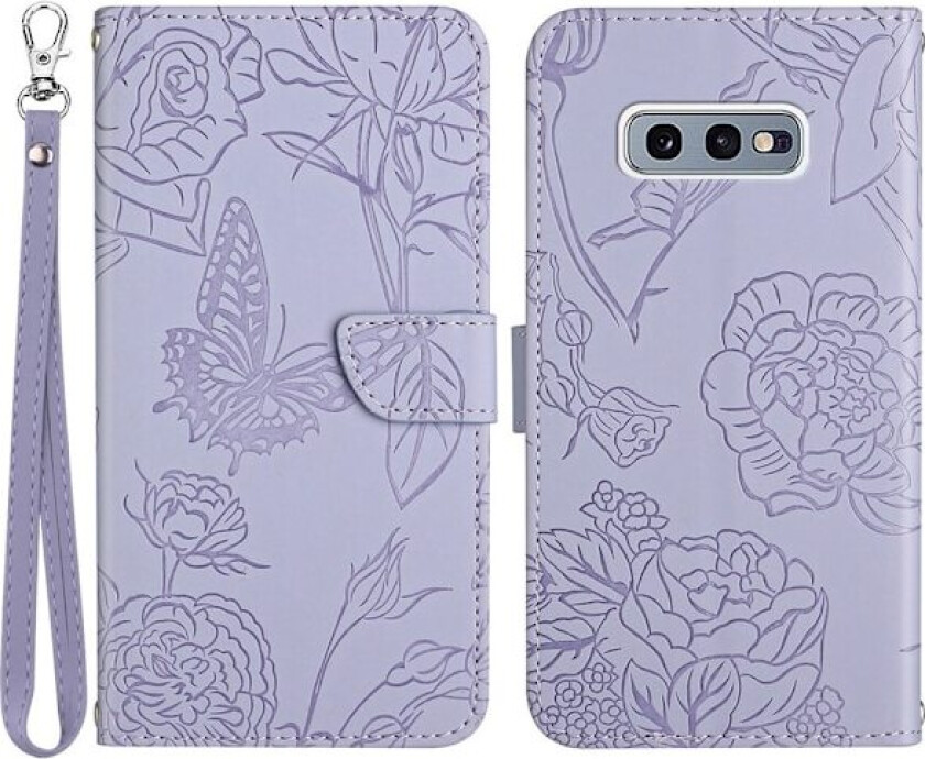 For Samsung Galaxy S10e PU lær sommerfuglblomsttrykt stativ flippdeksel Skin-touch Feeling Magnetisk foliodeksel med håndrem - Lyselilla