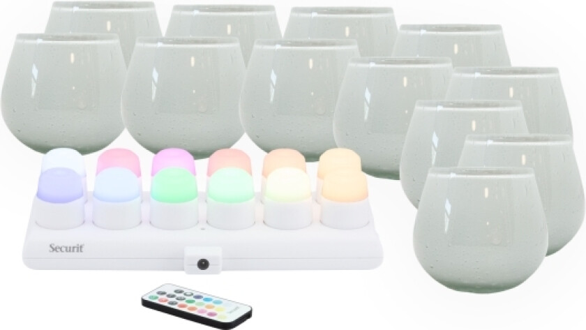 ® Sæt 12 stk. LUNA glasstager, 12 stk. LED fyrfadslys og ladestation, hvid+12 farver