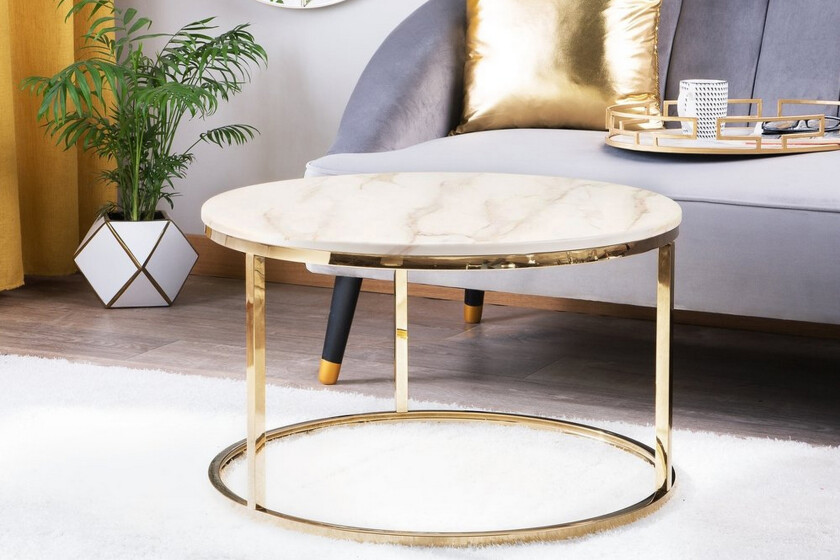 Coralla Sofabord 70 cm Rundt Marmormønster - Hvit/Gull