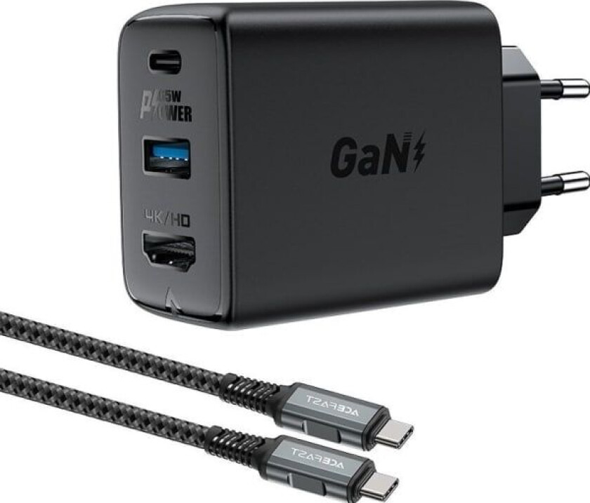 2-in-1 GaN 65W USB Type C / USB charger, HDMI 4K@60Hz adapter adapter (set with cable) black (A17 black)
