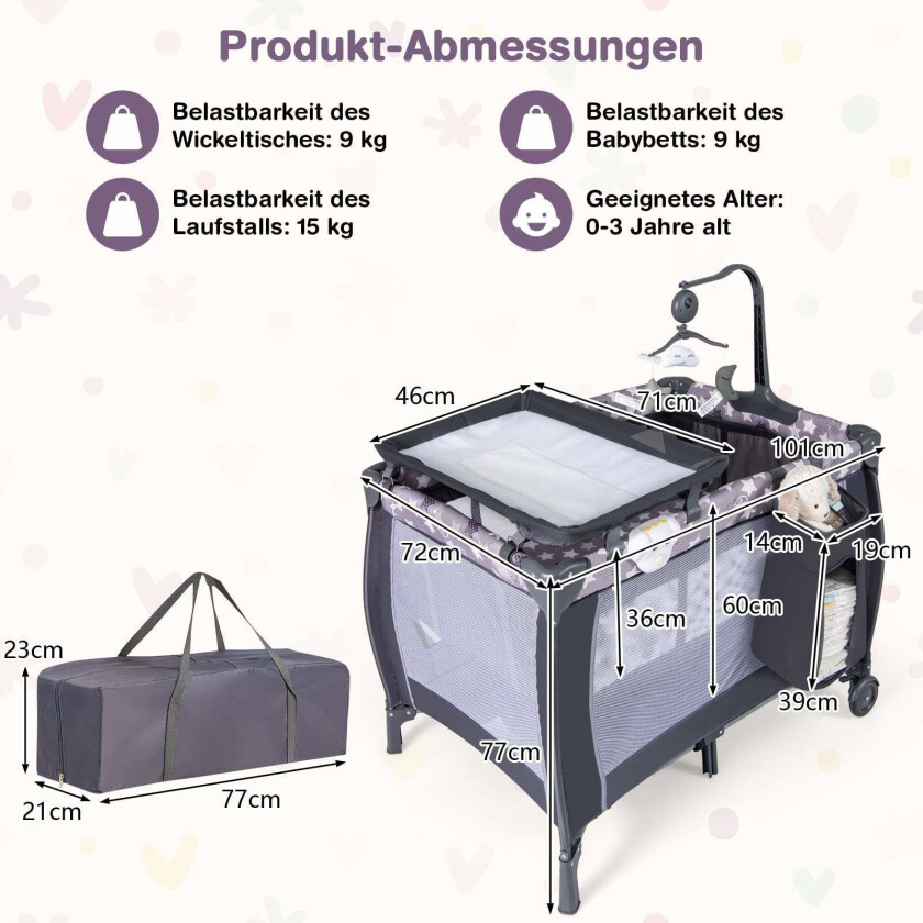 3-i-1 bærbar babyseng med madrass og leker