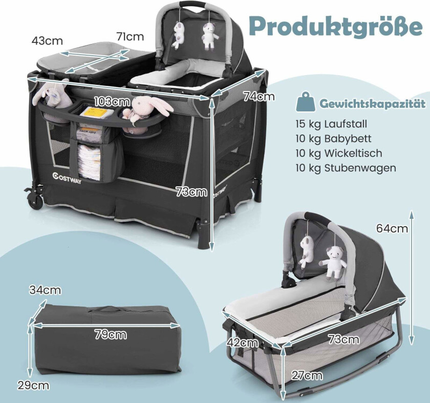 5-i-1 sammenleggbar babyseng med vugge og stelleunderlag