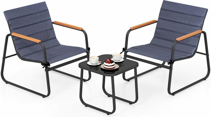 Utendørs bistrosett – svart, polstrede stoler og glassbord