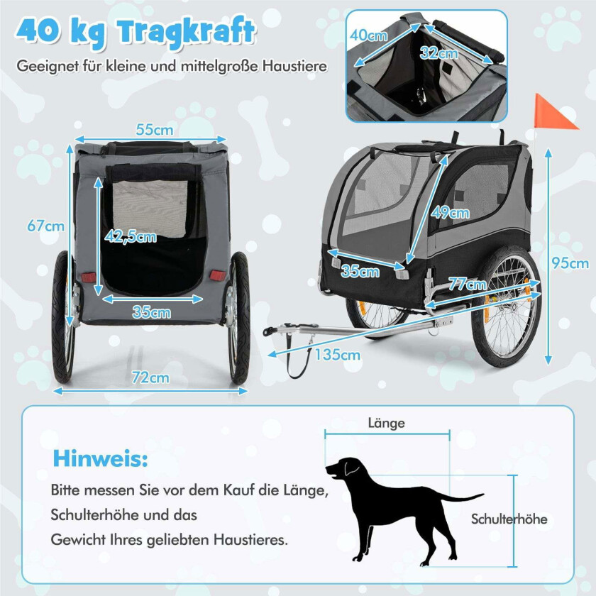 Sykkelvogn for kjæledyr – sammenleggbar, 40 kg kapasitet, grå