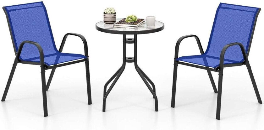 3-delt utendørs bistrosett – blå, stablebare stoler