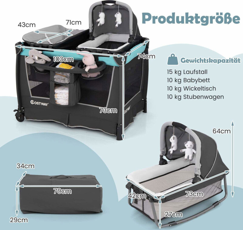 5-i-1 sammenleggbar babyseng med vugge og stellebord