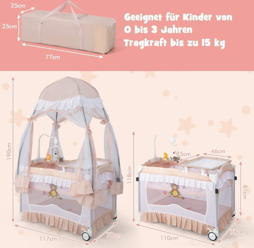 4-i-1 rosa reiseseng med kalesje og madrass