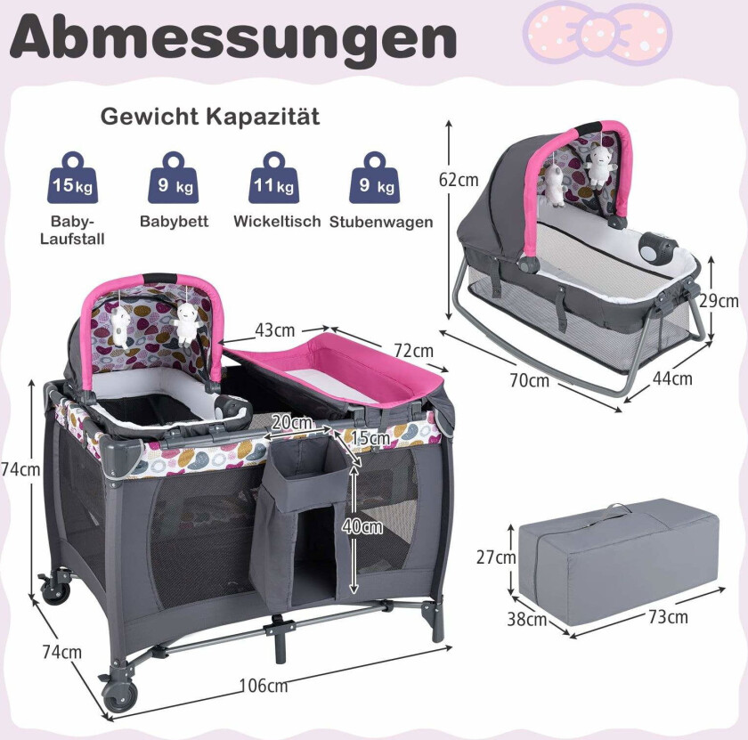 Bærbar 5-i-1-reiseseng for babyer med vugge og lekegrind