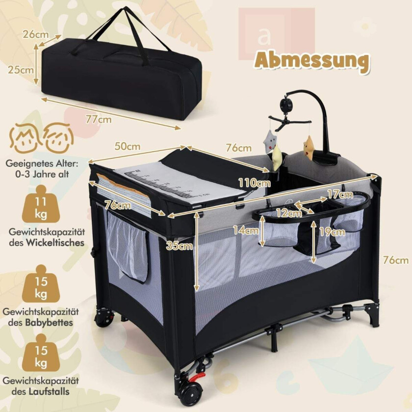 5-i-1 babyseng med madrass, stellebord og lekestang