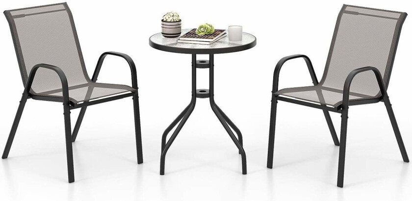 Utendørs bistrosett – 3 deler, stabelbare stoler, grå