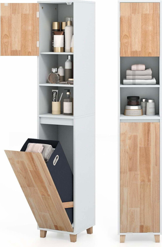 Baderomsskap med skittentøyskurv og åpne hyller – plassbesparende