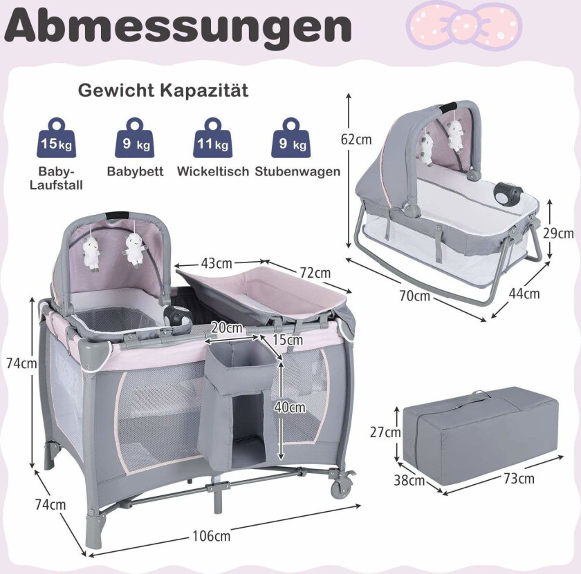 Bærbar 5-i-1 babyseng og lekegrind med spilledåse