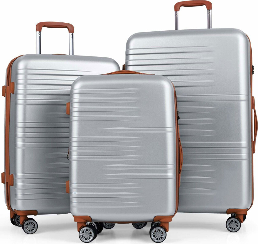 3-delt sølvfarget hardshell-bagasjesett med TSA-lås og spinnerhjul