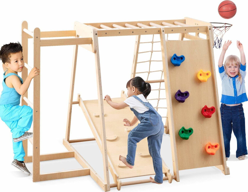 6-i-1 innendørs klatrestativ med sklie og basketballkurv