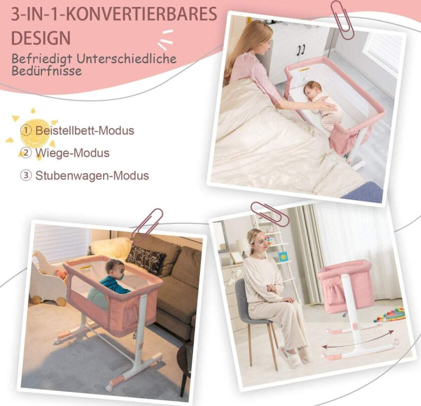 3-i-1 justerbar babyseng – rosa, bærbar og koselig