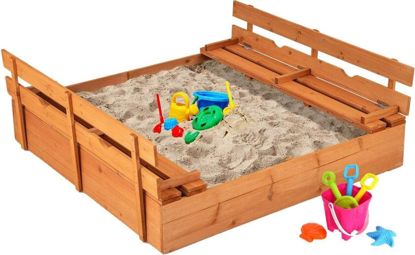 Sandkasse i sedertre med benker og trekk – 120x120 cm