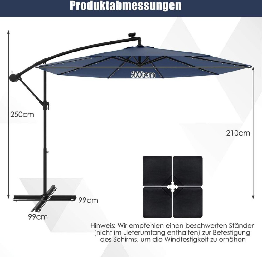 Solcelledrevet LED-parasoll, 300 cm, justerbar vippevinkel, marineblå