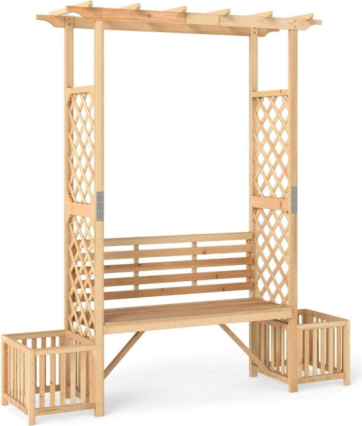 Hagebue med benk og blomsterkasser – 2-seters trepergola