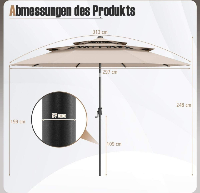 3-lags parasoll, solcelledrevne LED-lys, beige