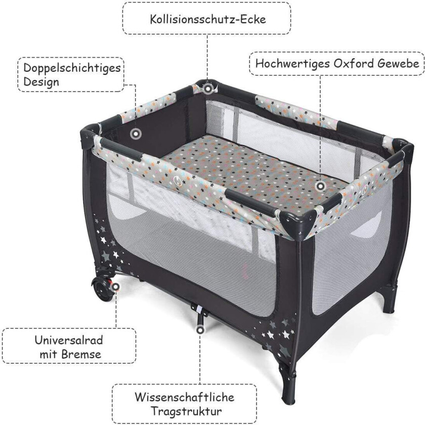 2-i-1 bærbar babyseng og lekegrind, sammenleggbar, grå