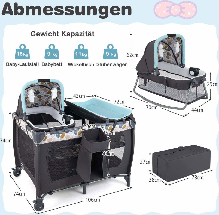 Bærbar 5-i-1 babyseng og lekegrind med spilledåse, blå