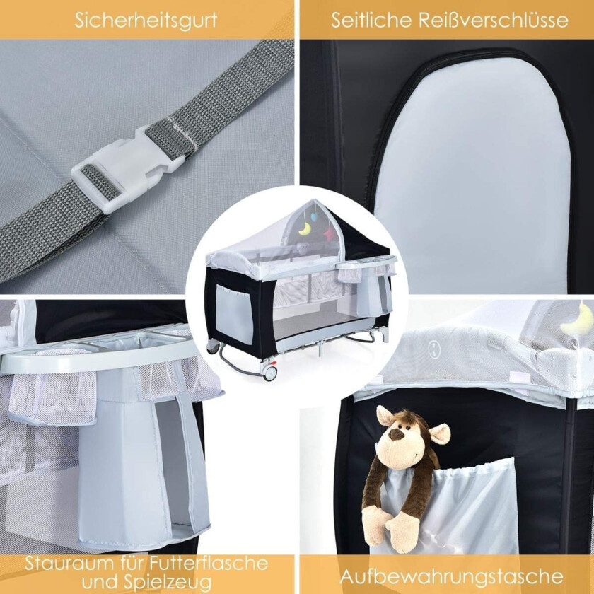 Bærbar reiseseng for baby – 2 nivåer, netting på sidene, tilbehør