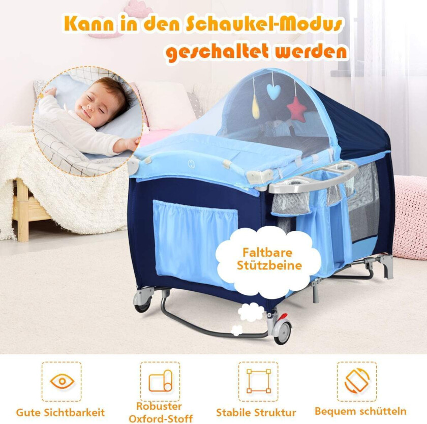 4-i-1 sammenleggbar babyseng og lekegrind med baldakin, blå