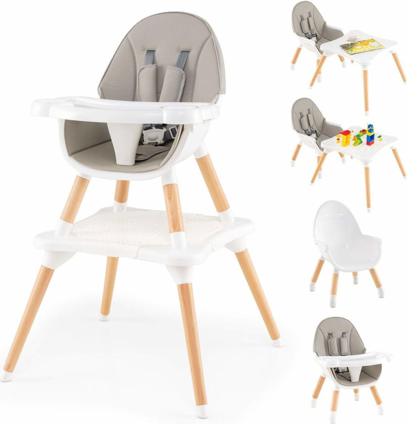6-i-1 konvertibel barnestol med blokkbord, grå