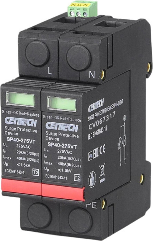 Overspenningsvern 2-pol Type 2 pluggbar 275V m/signalkontakt