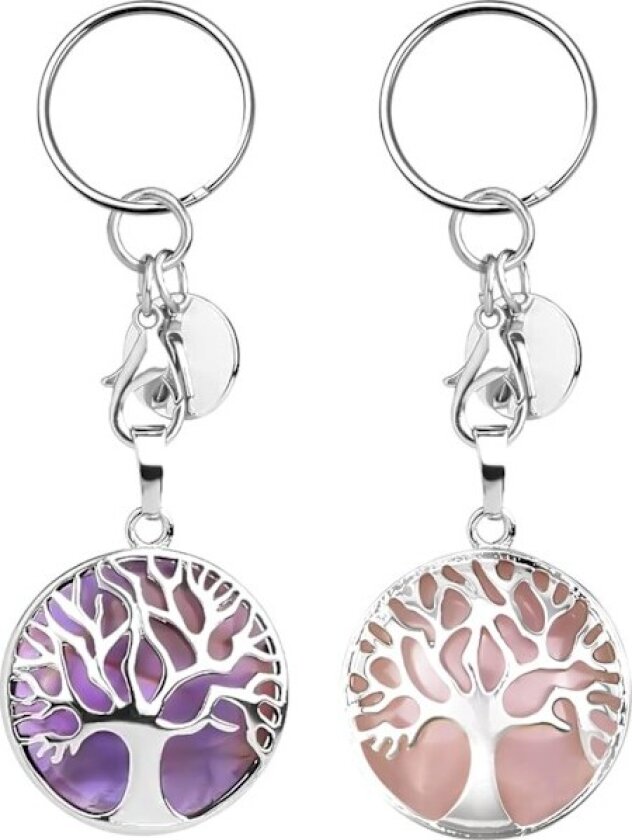 2 stk Naturlige Edelstens Nøkkelring, Livets Tre Litoterapi Reiki Lykke Sjarm, Amethyst Lommeanheng, Helsedekorasjon