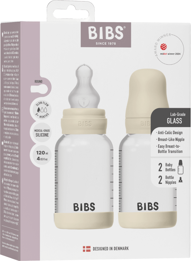 Glass Baby Bottle Round Silicone 2 Pack - Ivory - 120 ml