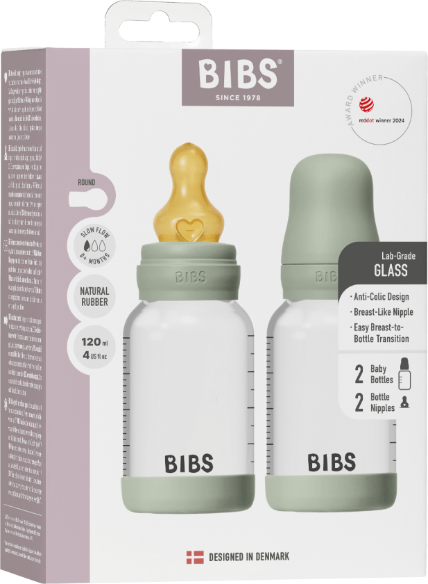 Glass Baby Bottle Round Latex 2 Pack Slow Flow - Sage - 120 ml
