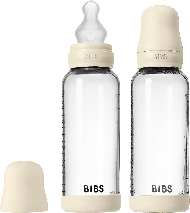 Glass Baby Bottle Round Silicone Medium Flow - Ivory - 240 ml (2 pack)