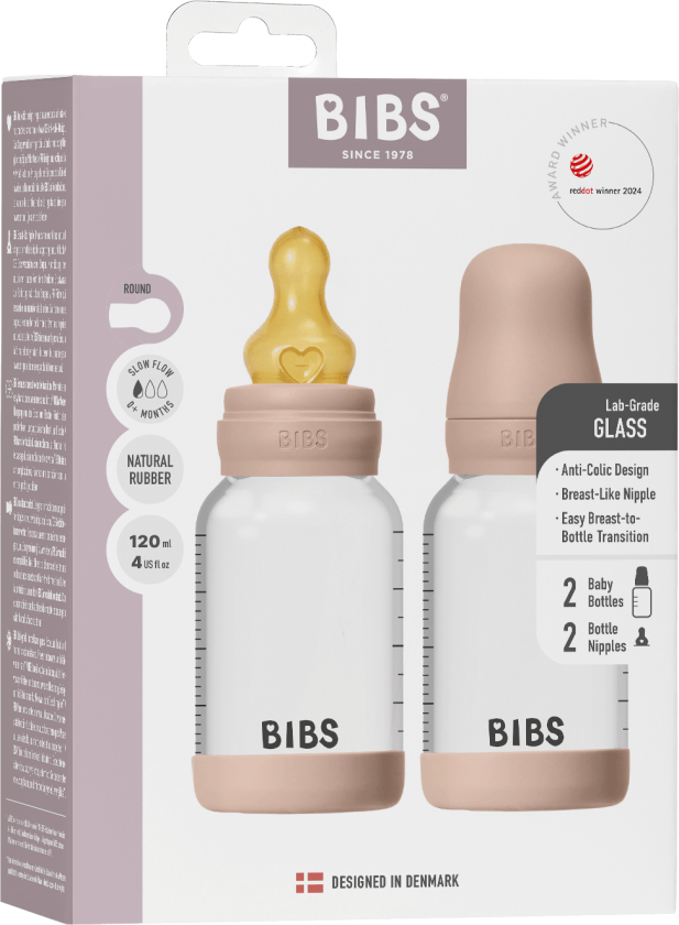 Glass Baby Bottle Round Latex 2 Pack Slow Flow - Blush - 120 ml