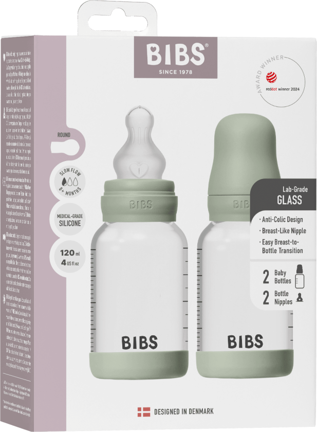 Glass Baby Bottle Round Silicone 2 Pack - Sage - 120 ml