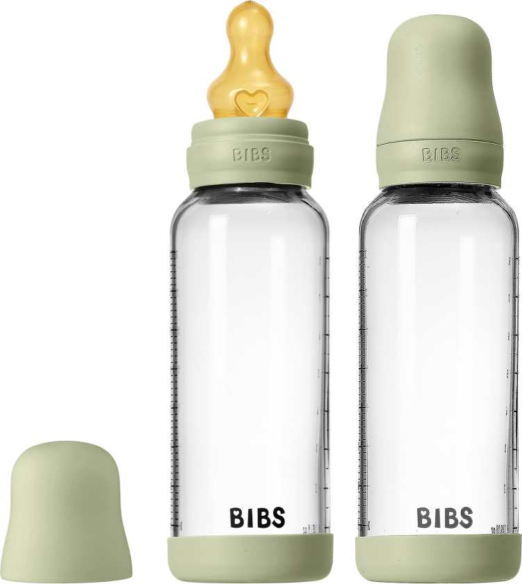 Glass Baby Bottle Round Latex 2 pack Medium Flow - Sage - 240 ml