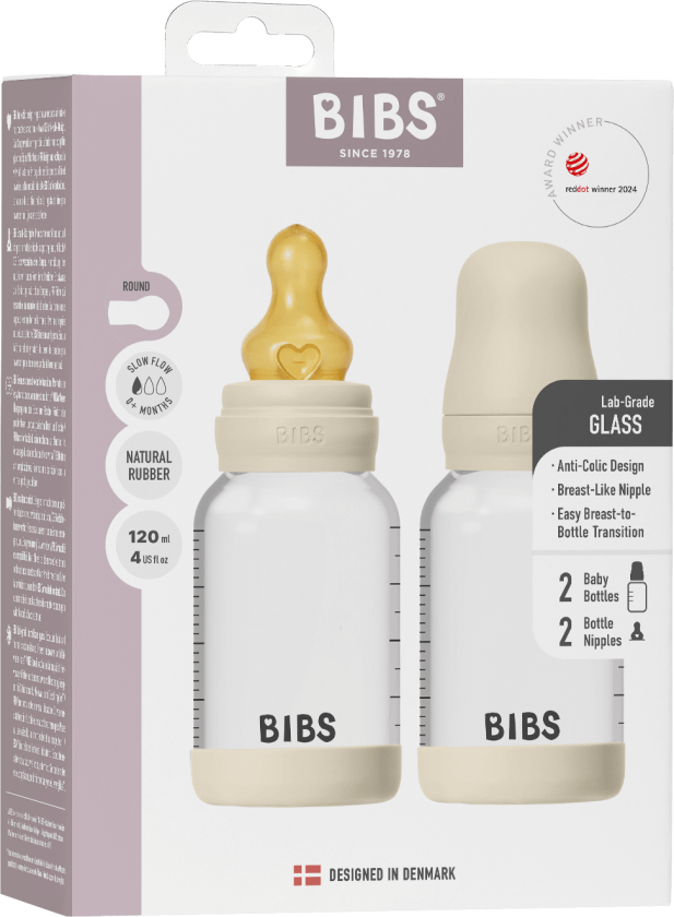 Glass Baby Bottle Round Latex 2 Pack - Ivory - 120 ml