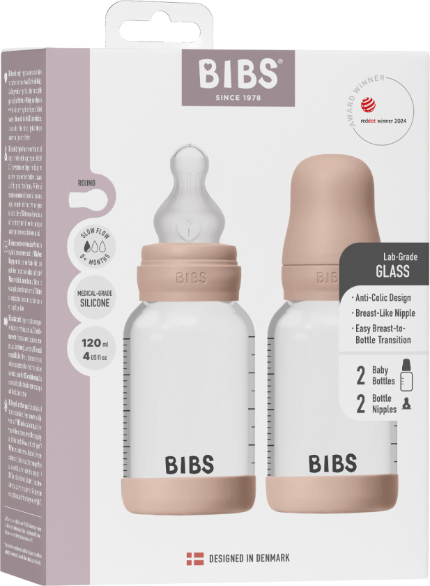 Glass Baby Bottle Round Silicone 2 Pack - Blush - 120 ml