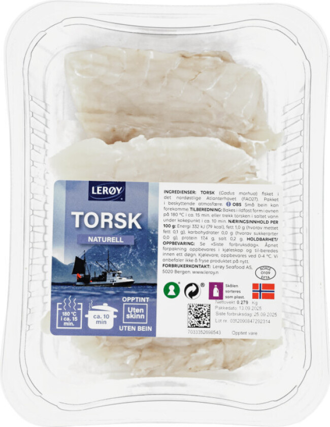 Torskefilet Naturell u/Skinn Ca400g Lerøy