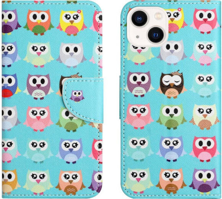 For iPhone 15 Lommebok Stativveske Mønster Telefondeksel - Ugler