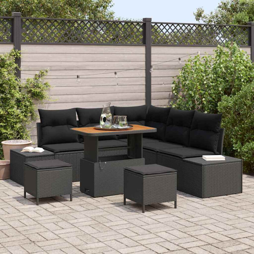 Hagesofa Set med pute med lagring 8 pcs Svart Poly rattan