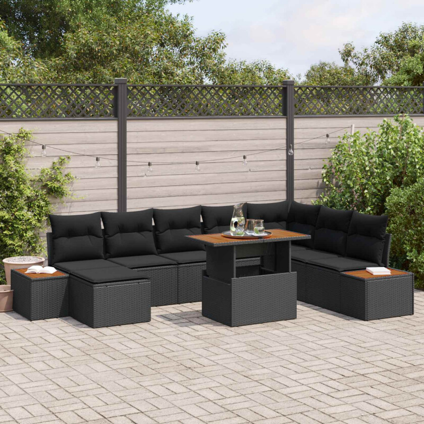 Hagesofa Set med lagring 9 pcs Svart Poly rattan