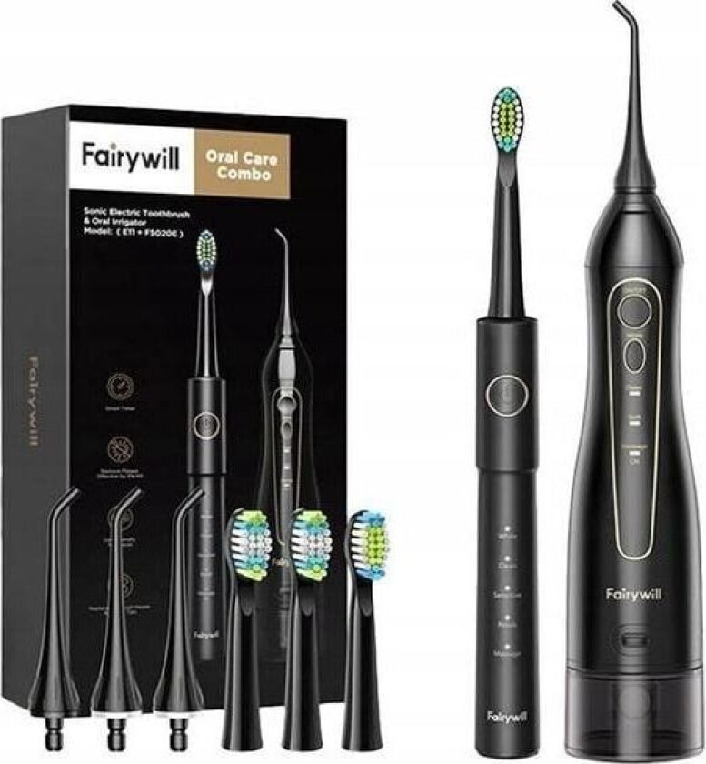 Elektrisk tannbørste Sonic toothbrush with tip set and water fosser FairyWill FW-5020E + FW-E11 (black)