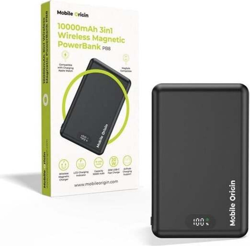 PowerBank 10000mAh 3in1 Wireless Mag Nødlader - Svart - 10000 mAh
