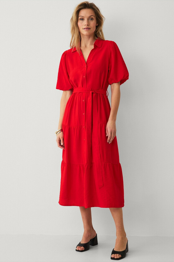 Skjortekjole med korte puffermer - Rød